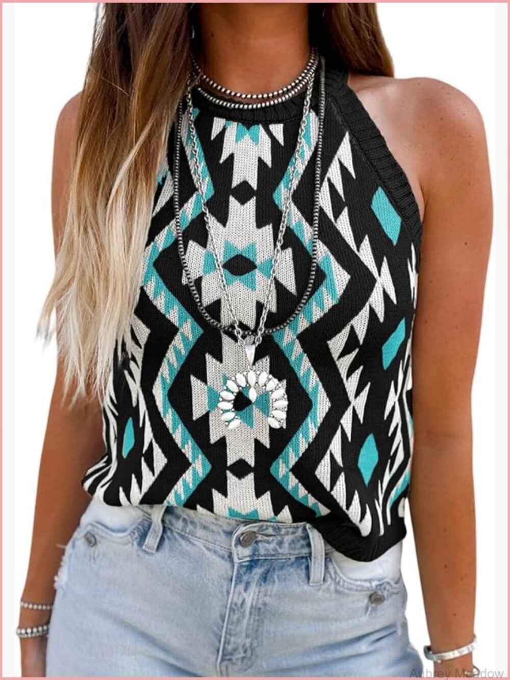 Sleeveless Aztec Geometric Knit Sweater Tank Round Neck Casual